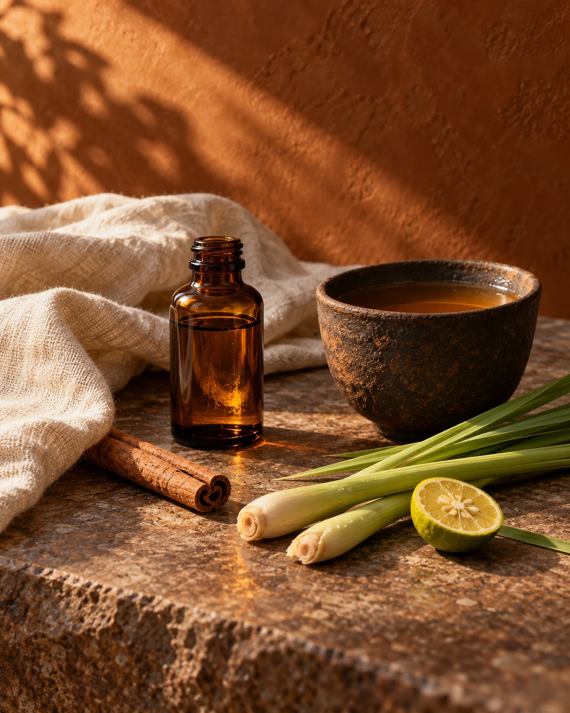 Concept still life of amber oil, tea, cinnamon, lemongrass and linen
