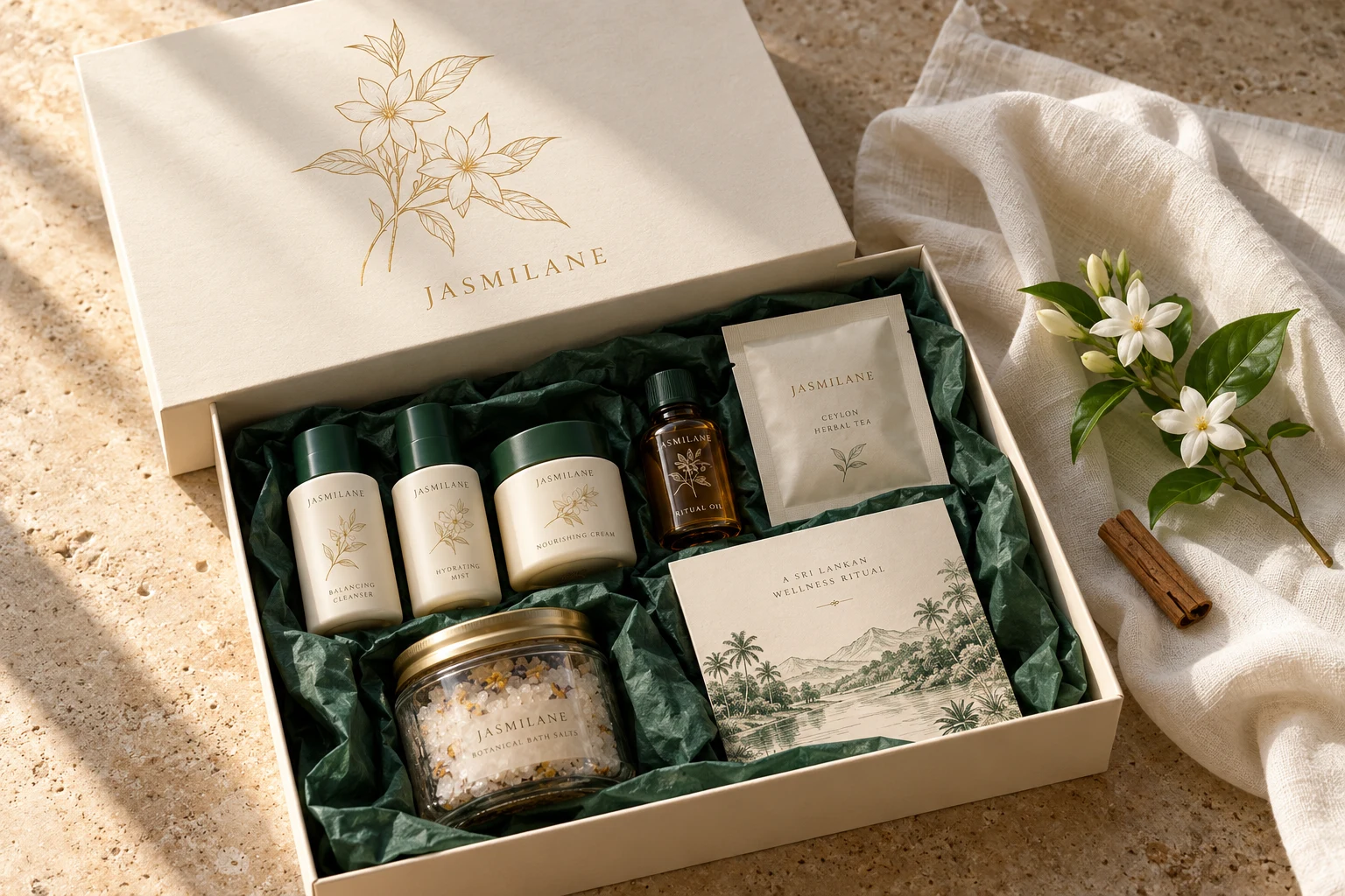 Jasmilane cream and gold spa gift packaging concept